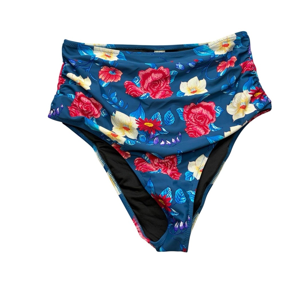 Cupshe Womens Swimsuit Bottoms Large Blue Floral Bold High Waisted Ruched
